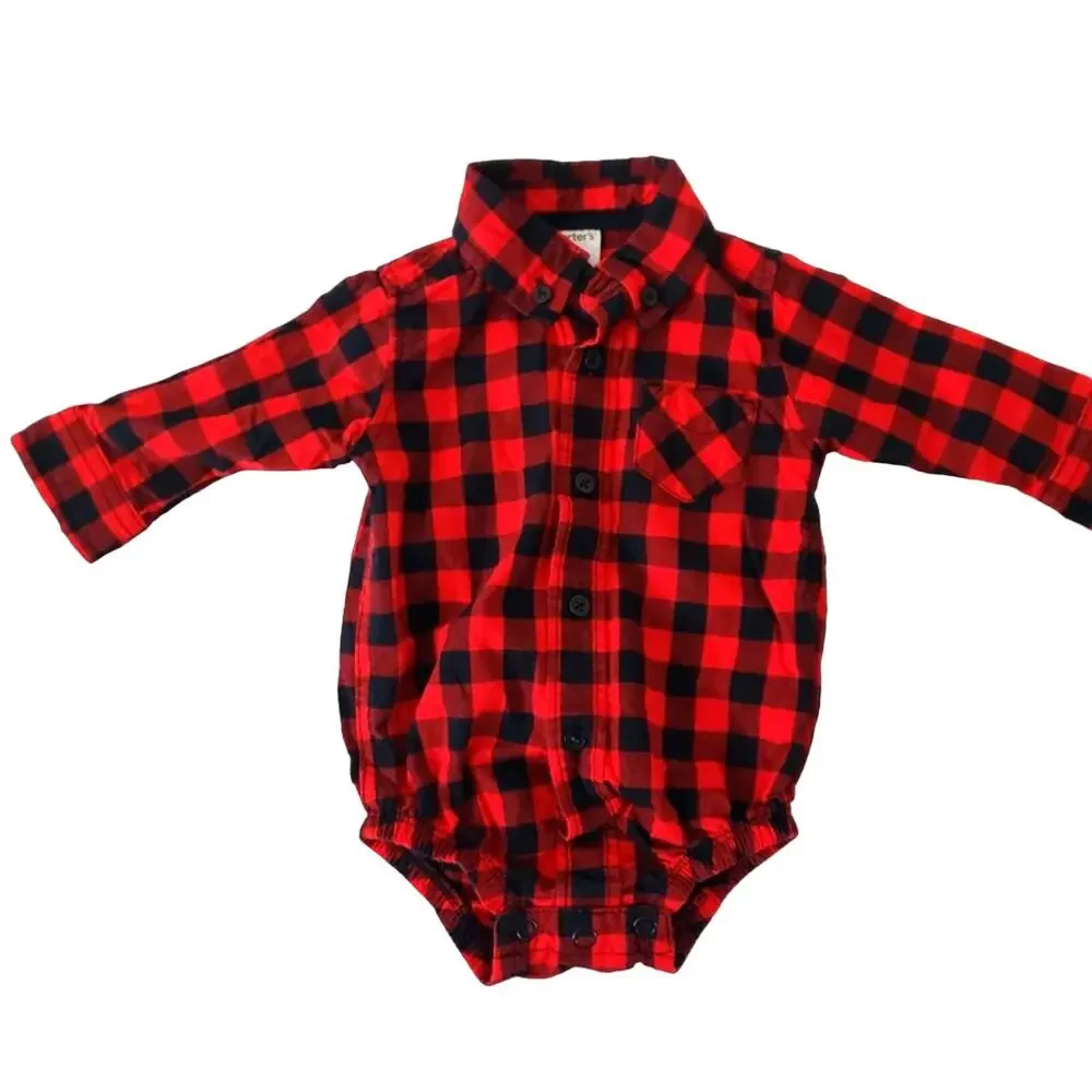 Boys' 3 months carter's casual outfit Plaid Poplin Button Down Shirt black pants